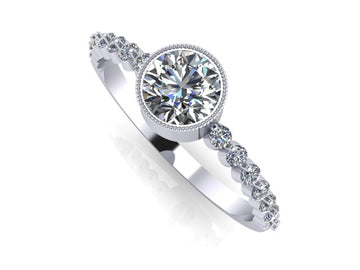 Round bezel shared prong engagement ring
