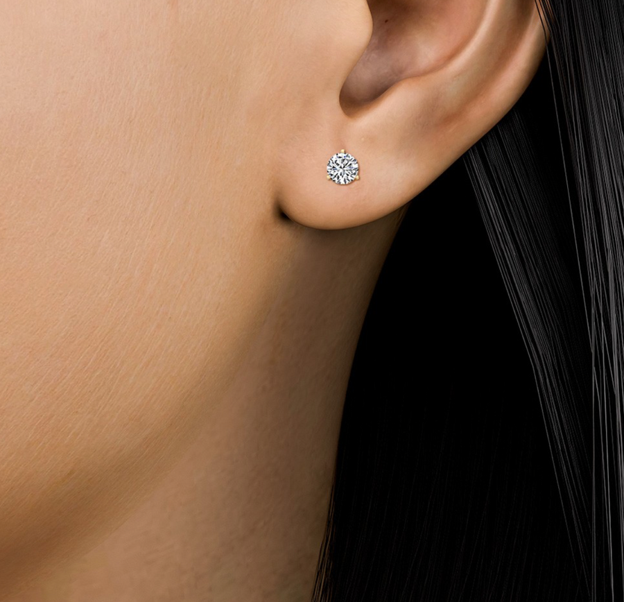 14K gold 3 Prong Martini Lab Grown Diamond Stud Earrings.