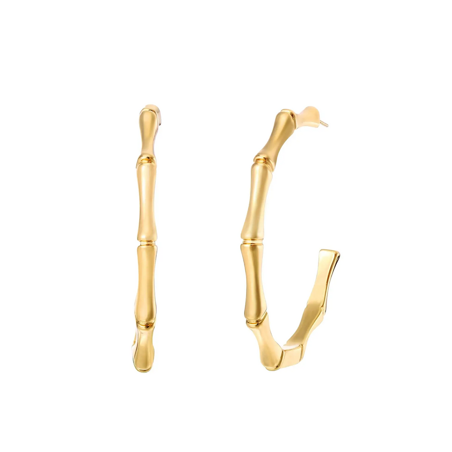 18K Gold Plated Open Back Bamboo Hoop Earrings