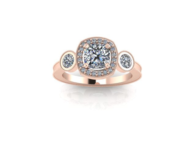 Three stone engagment ring with halo and milgrain detailing