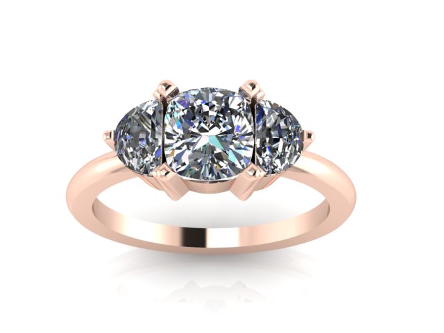 Three stone cushion engagement ring with half moon accent stones
