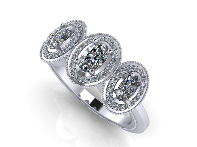 Three stone oval halo engagement ring