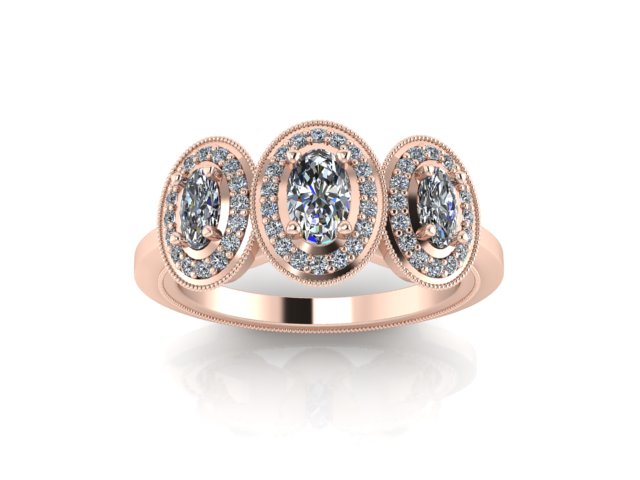 Three stone oval halo engagement ring